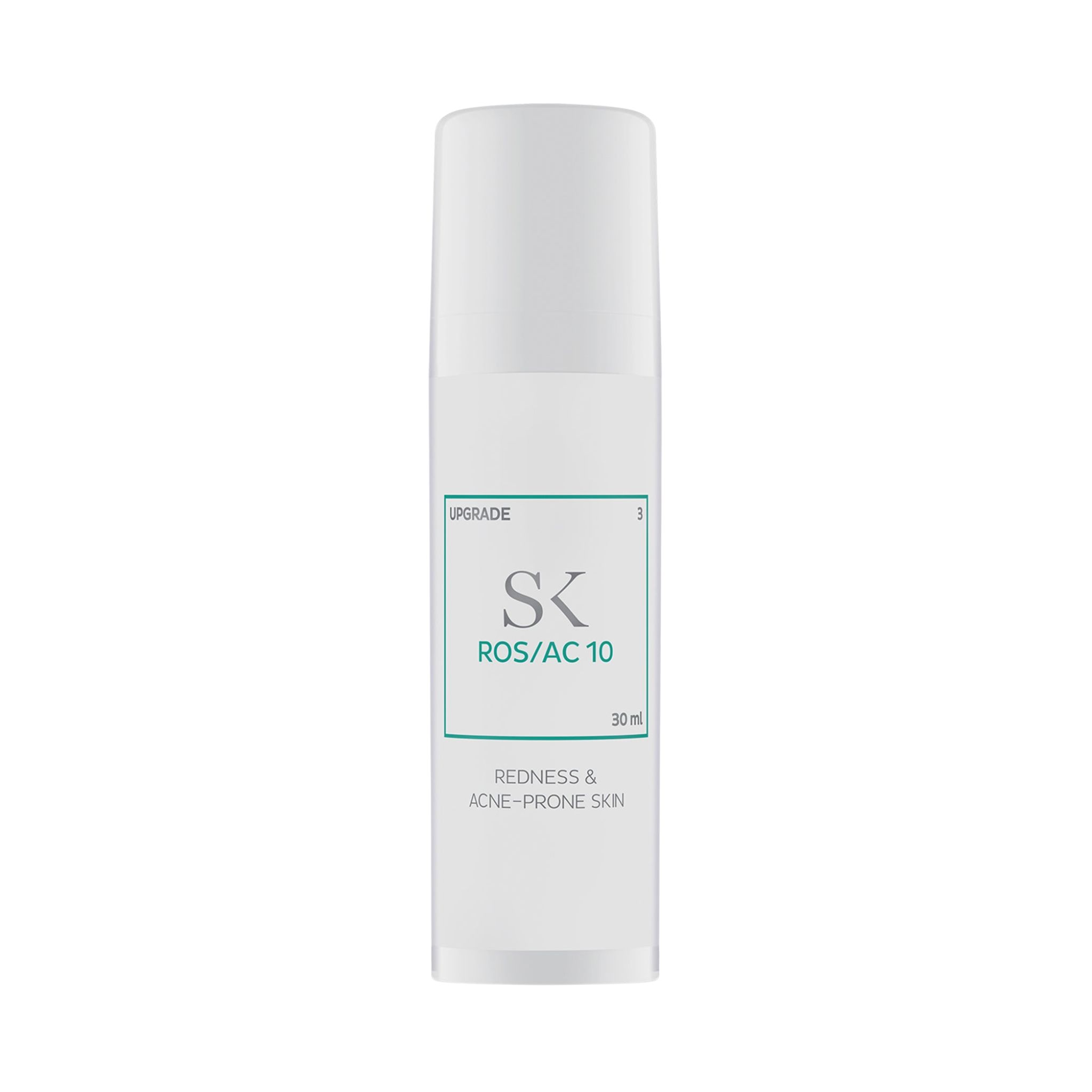 Weißer Flakon mit grünem Etikett. Aufschrift: SK ROS/AC 10, 30 ml. Text: Redness & Acne-Prone Skin.