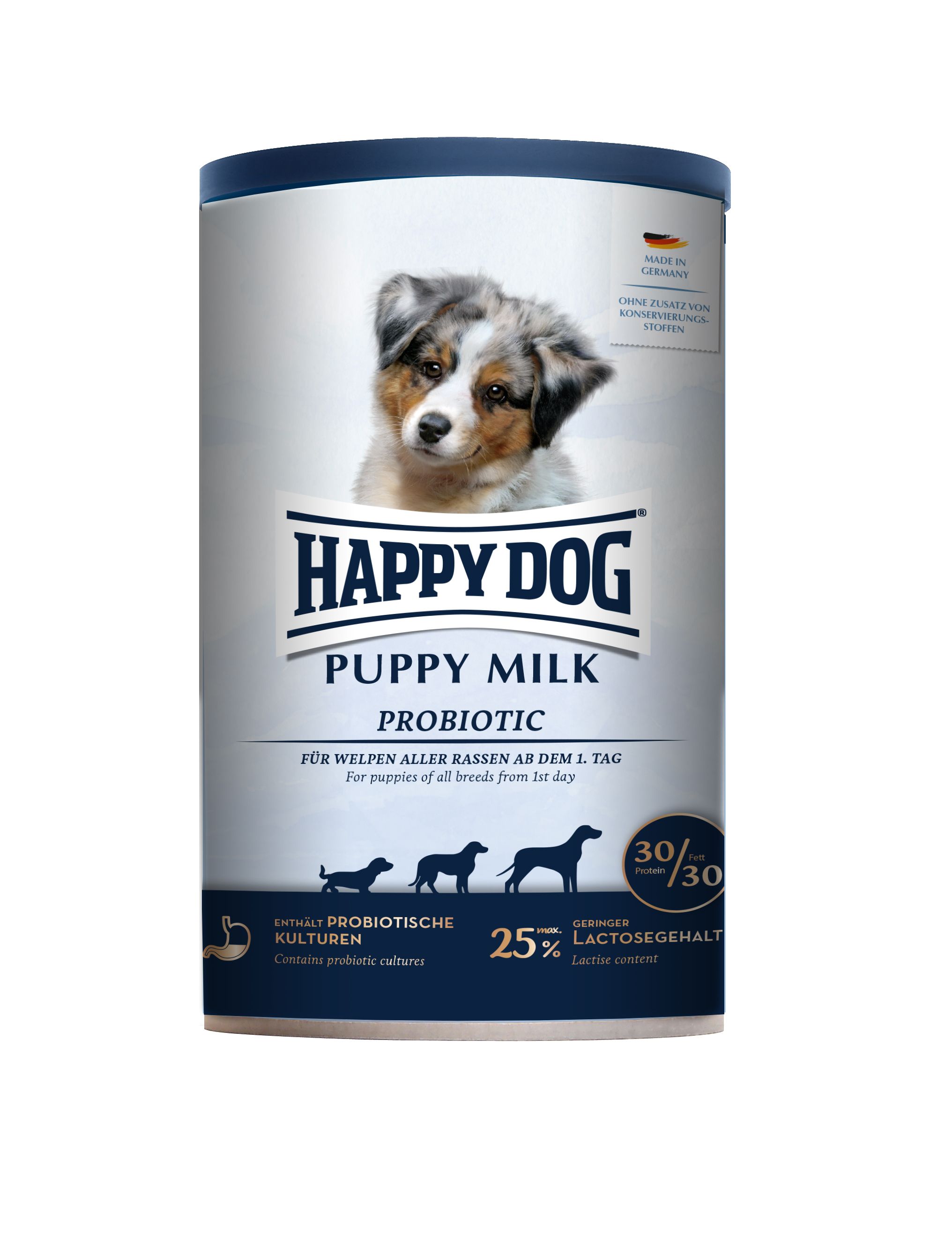 Zylinderdose mit Welpenfoto. Aufschrift: Happy Dog Puppy Milk Probiotic. Enthält probiotische Kulturen, 25% reduzierter Laktosegehalt.