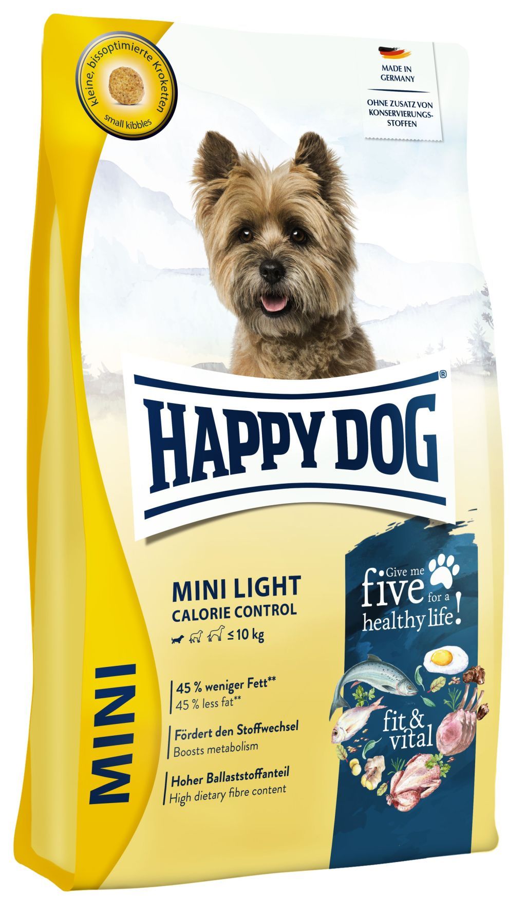 Happy Dog Mini Light Futterbeutel mit Hundefoto, Kalorienkontrolle, 45% weniger Fett.