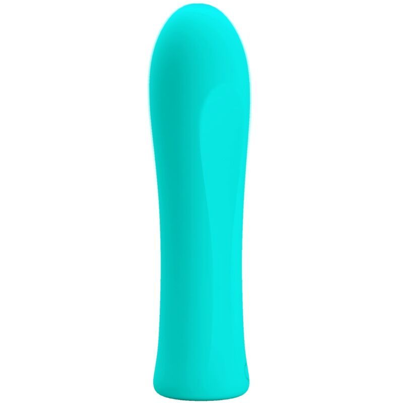 Türkisfarbener Vibrator mit abgerundeter Spitze. Zylindrische Form.
