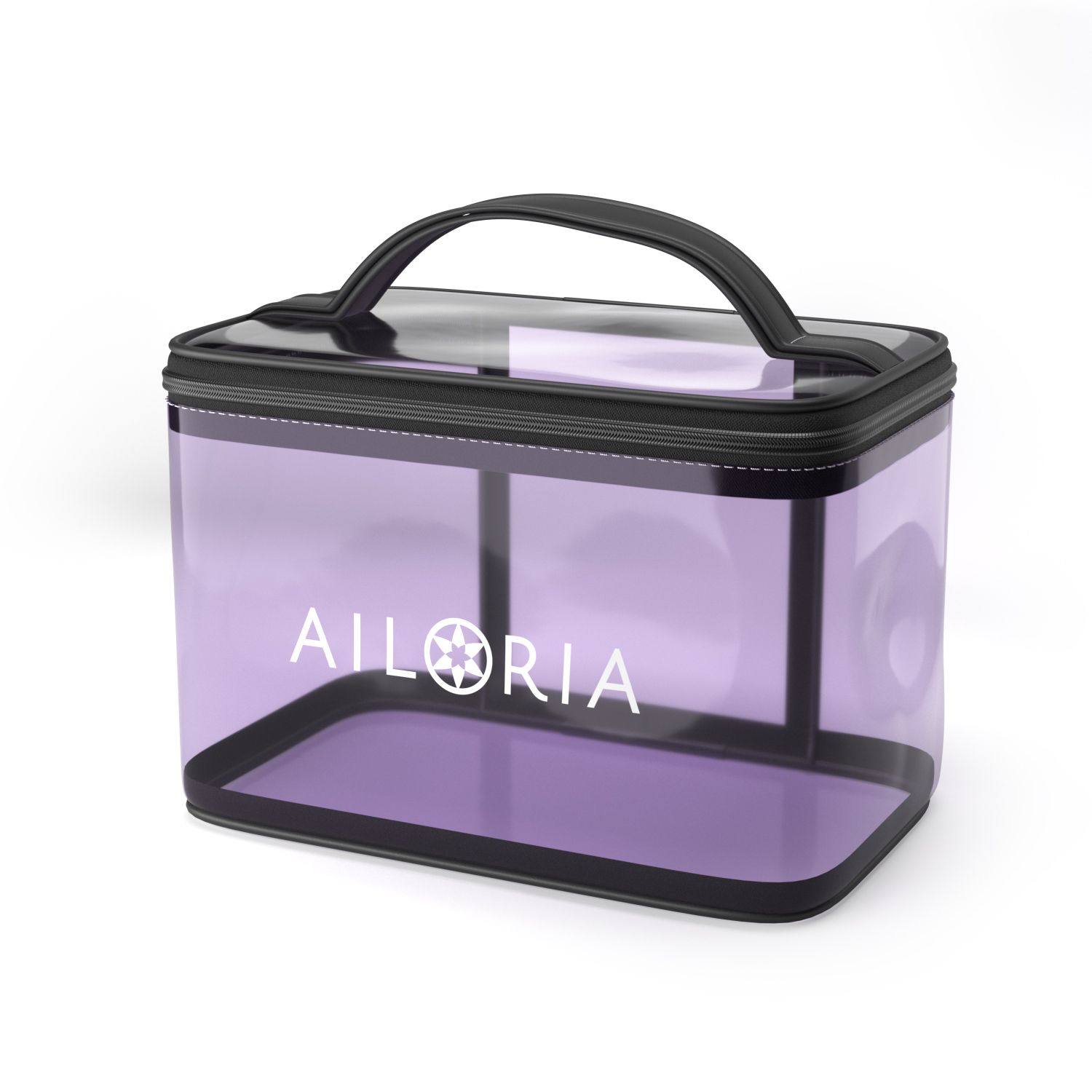 Transparente Kosmetiktasche mit schwarzem Rahmen und Griff. Aufschrift AILORIA in Weiß. Lila Inhalt sichtbar.