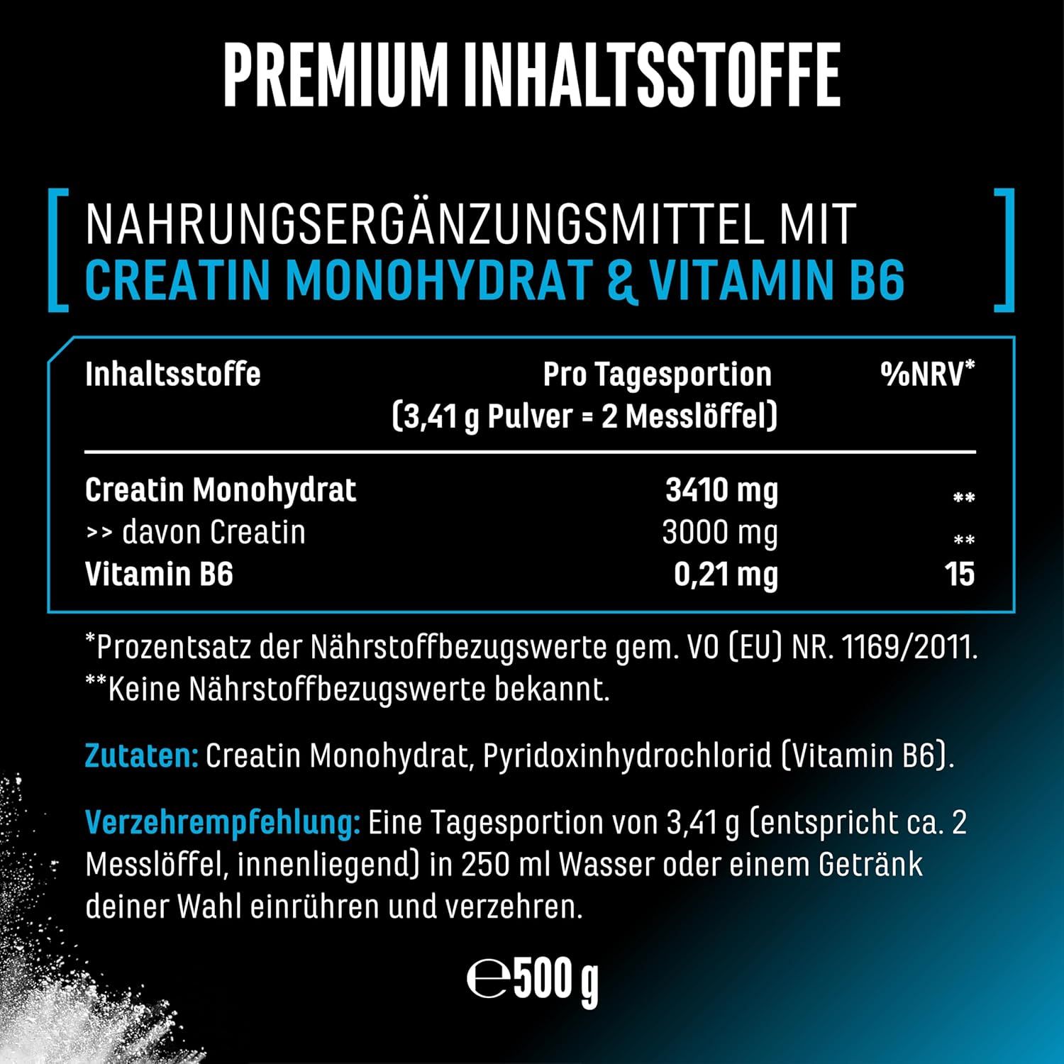 Nahrungsergänzungsmittel mit Creatin Monohydrat & Vitamin B6. Enthält 3410 mg Creatin Monohydrat pro Tagesportion. Textliche Informationen.