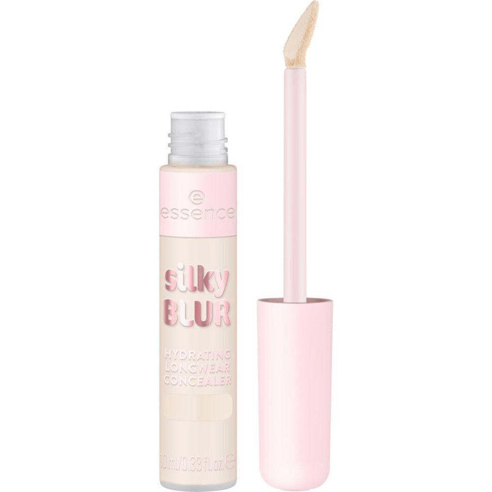 Concealer-Tube mit geöffnetem Deckel und Applikator. Aufschrift: Silky Blur, Hydrating Longwear Concealer. Marke: Essence.