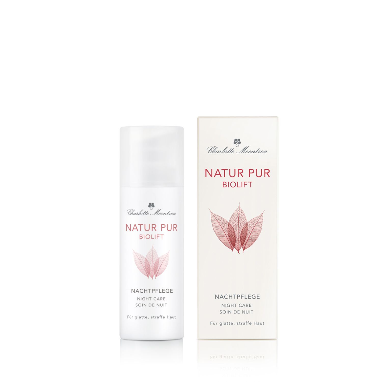 Weiße Flasche und Karton. Aufschrift: Natur Pur Biolift, Nachtpflege. Rosa Blüten-Illustration. Karton rechts.