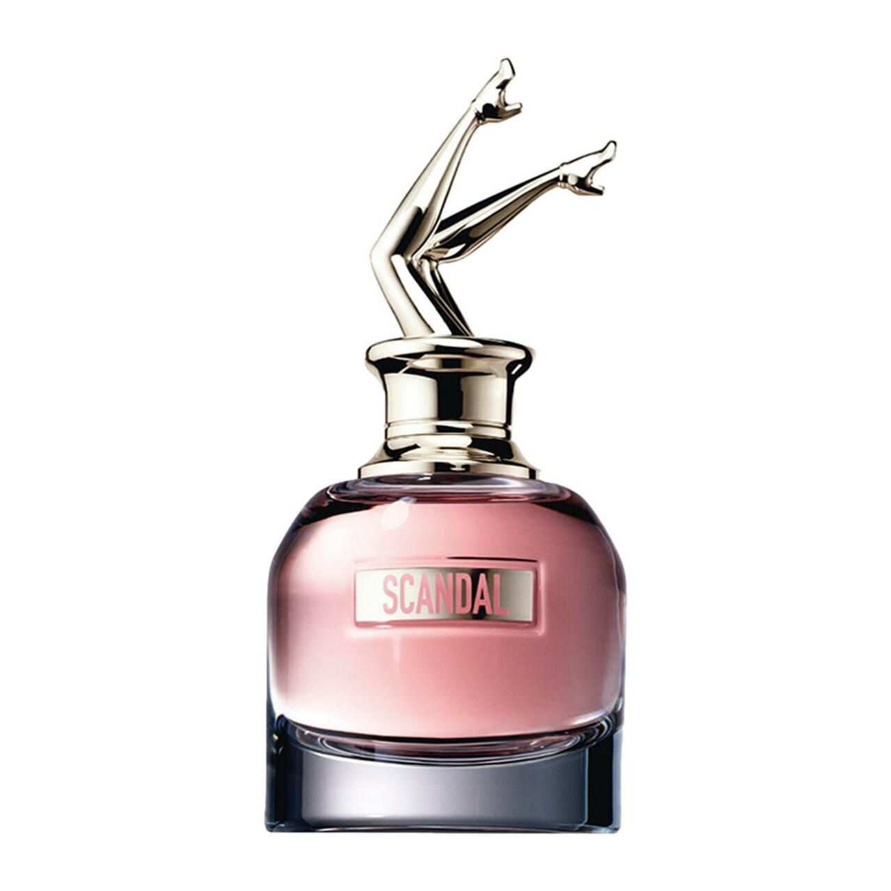 Flacone di profumo rosa con tappo dorato a forma di gambe. Scritta "SCANDAL" sul flacone.