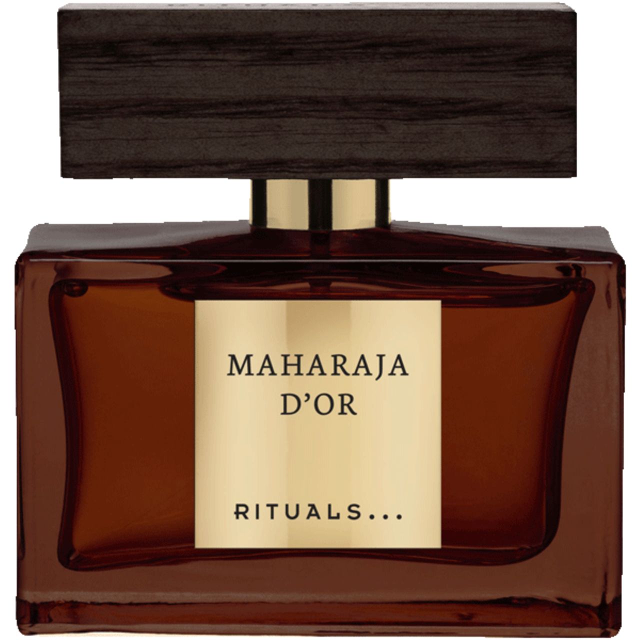 Braune Glasflasche mit goldfarbenem Etikett. Aufschrift: Maharaja d'Or, Rituals. Dunkelbrauner Holzdeckel.
