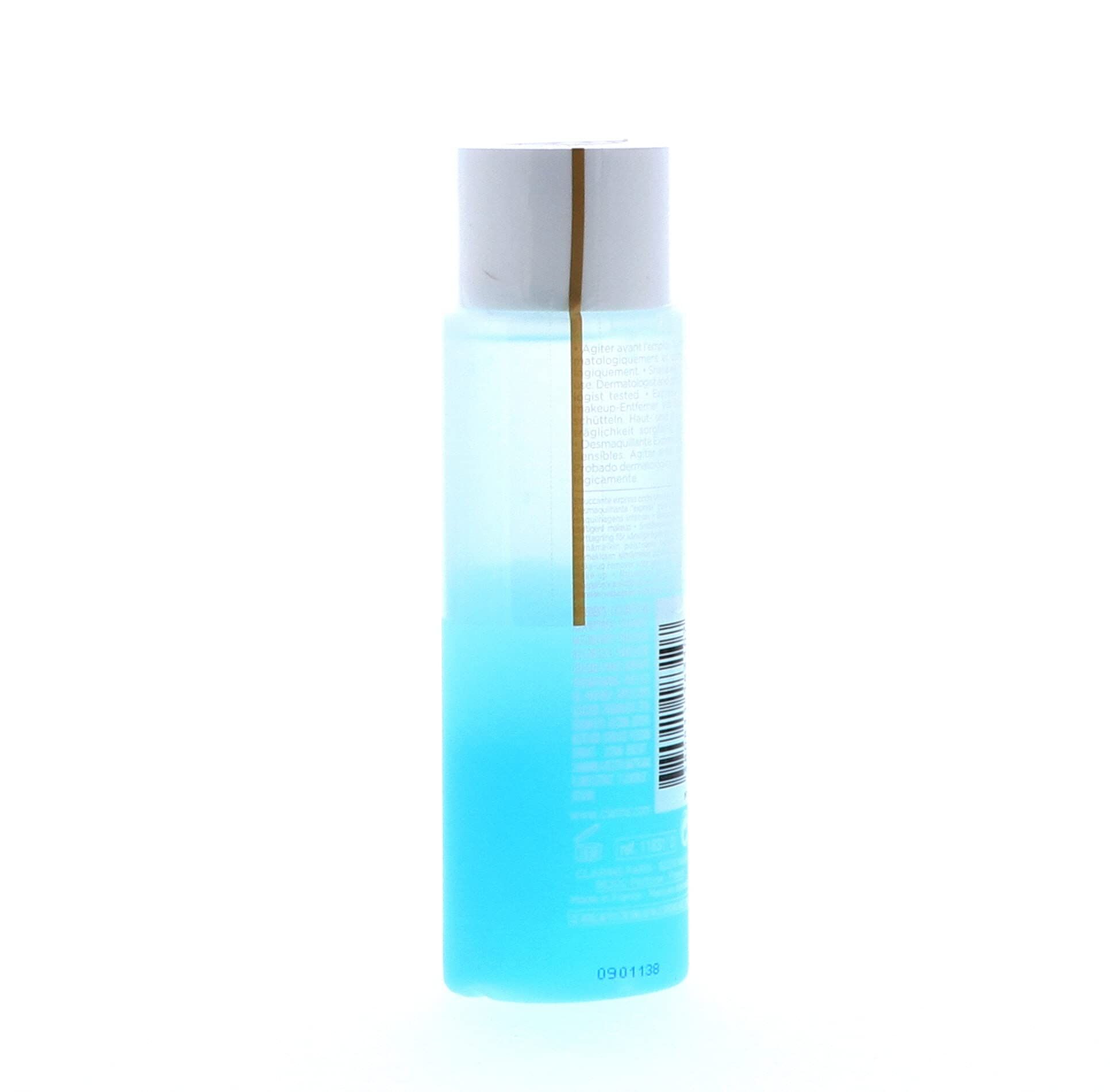 Klarin Instant Eye Make-Up Remover. Flasche mit blauem Inhalt und weißem Deckel. Barcode und Text auf der Rückseite.