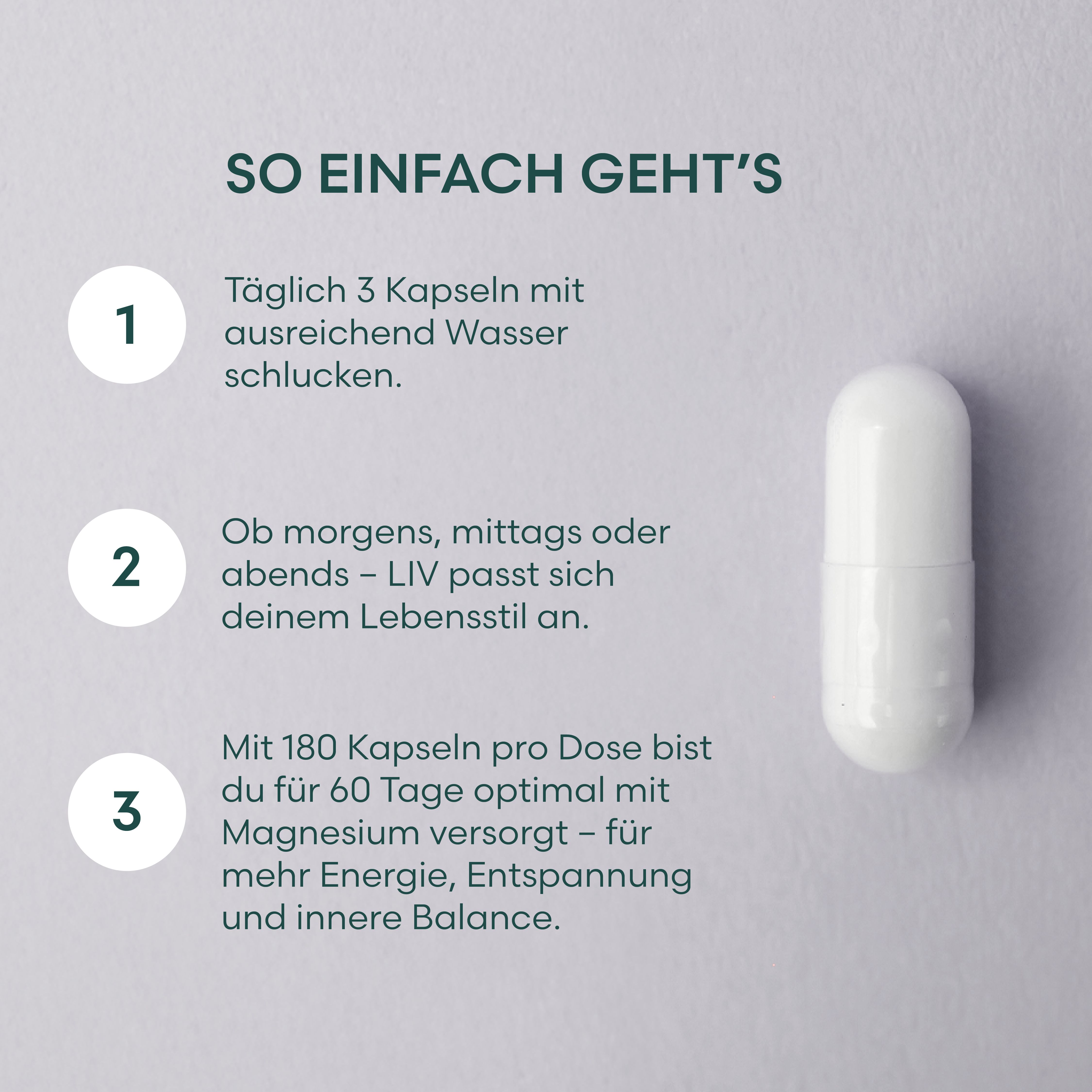 LIV Magnesium Komplex 180 Kapseln vier hochwertige, organische Magnesiumverbindungen ohne Füllstoffe