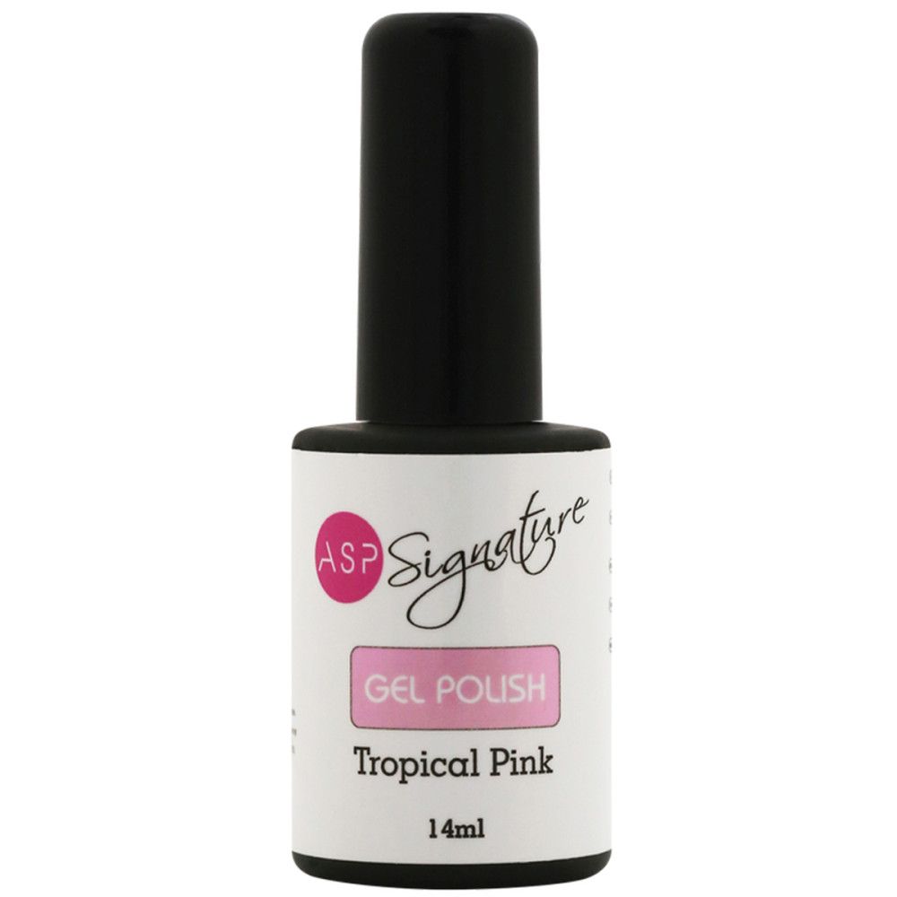 Nagellackflasche mit schwarzem Deckel. Etikett mit ASP Signature, Gel Polish, Tropical Pink und 14ml.