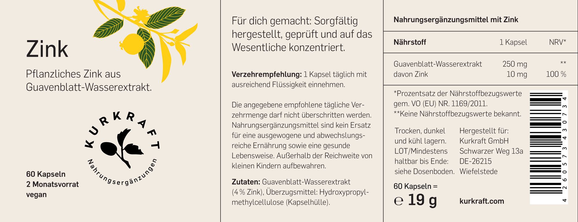 Produktetikett mit Informationen zu Inhaltsstoffen, Dosierung und Hersteller.