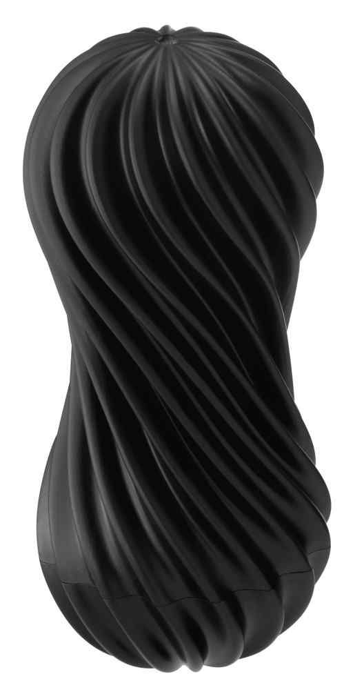 Schwarzes, spiralförmiges Wellness-Produkt. Die Oberfläche weist eine gerillte Textur auf.