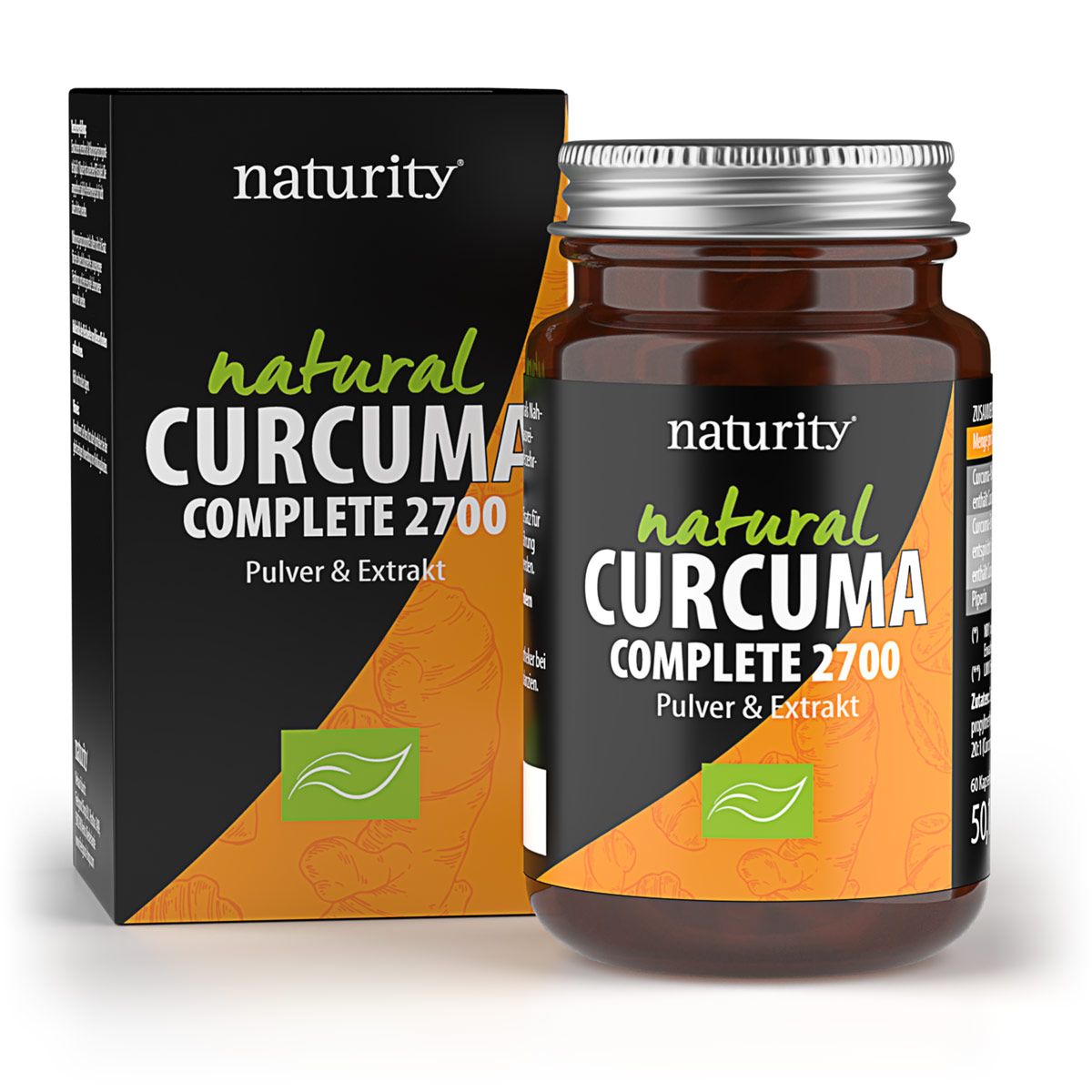Braune Glasflasche und Schachtel mit Produktaufschrift Naturity CURCUMA Complete 2700. Grün-orangefarbenes Etikett.