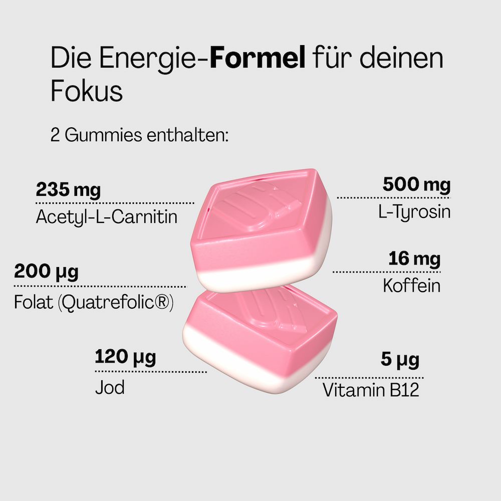 Zwei Gummies mit Inhaltsangaben: Acetyl-L-Carnitin, Folat, Jod, Vitamin B12, L-Tyrosin und Koffein. Auf hellem Hintergrund.