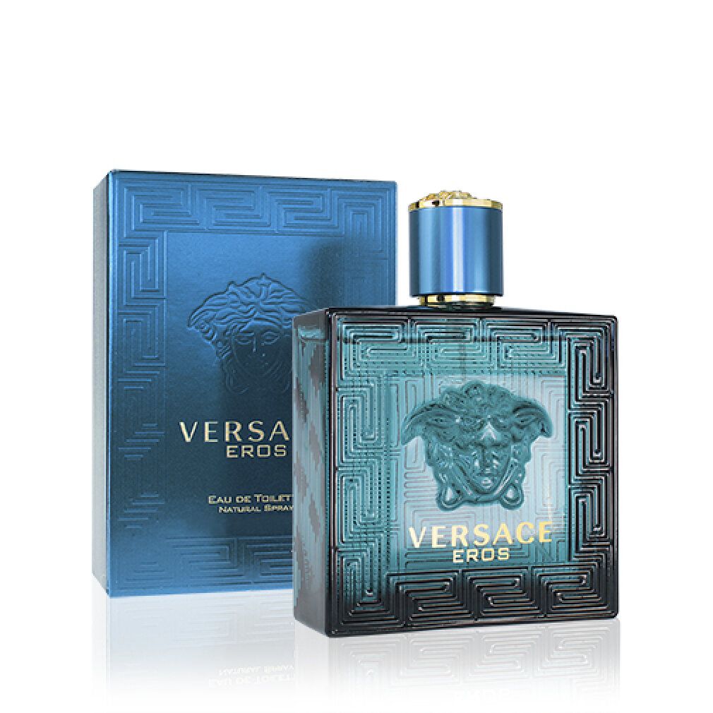Türkisfarbener Flakon und Schachtel. Reliefmuster, goldfarbener Verschluss. Schriftzug Versace Eros.