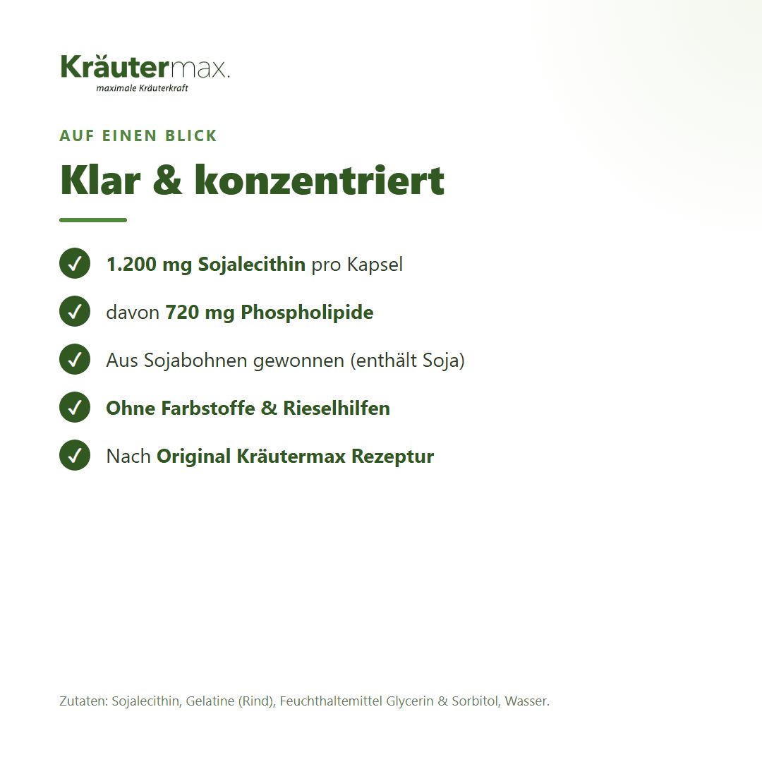Kräutermax Lecithin: 1.200 mg Sojalecithin, 720 mg Phospholipide, aus Sojabohnen, ohne Farb- & Rieselhilfen.