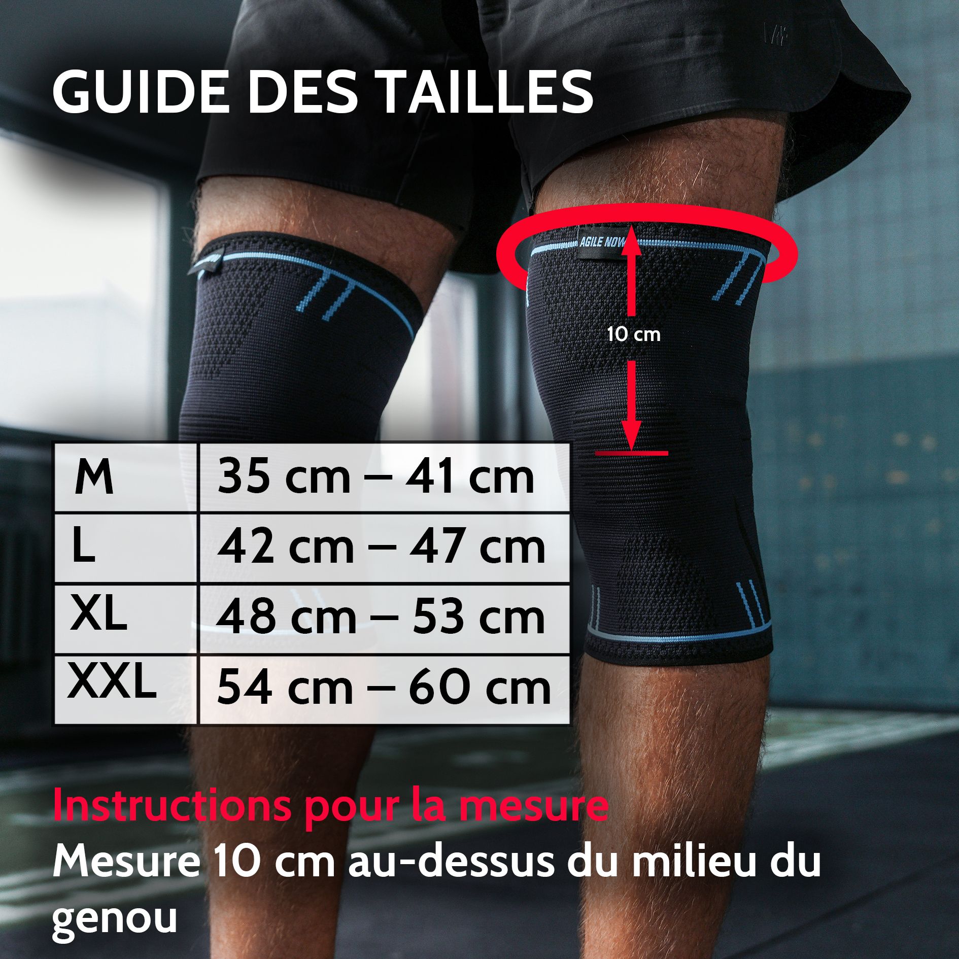 Homme jouant au tennis avec genouillère. Tailles : M, L, XL, XXL. Instructions de mesure : 10 cm au-dessus du genou.