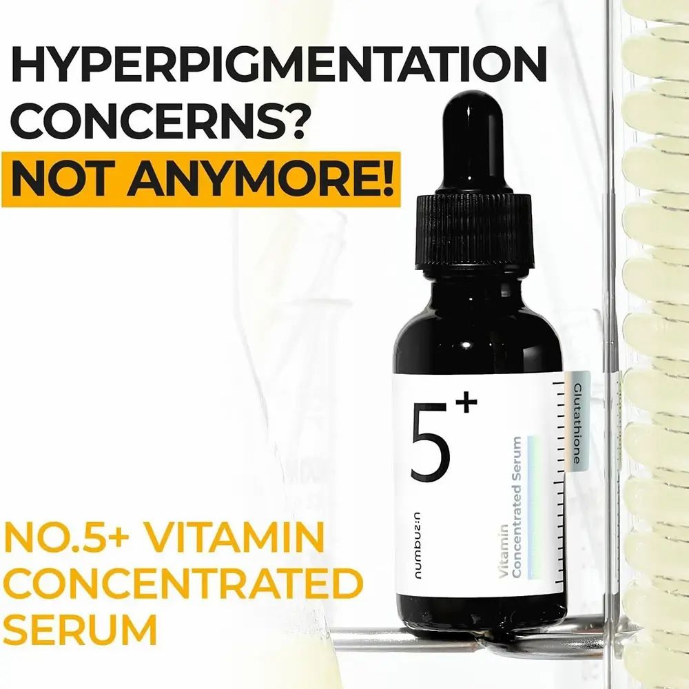 Text: HYPERPIGMENTATION CONCERNS? NOT ANYMORE! NO.5+ VITAMIN CONCENTRATED SERUM. Schwarze Flasche mit Pipette.