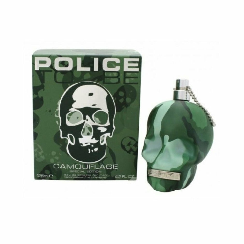 Parfümflakon in Totenkopf-Form und Verpackung. Grün mit Camouflage-Muster. Marke: Police To Be Camouflage Special Edition.