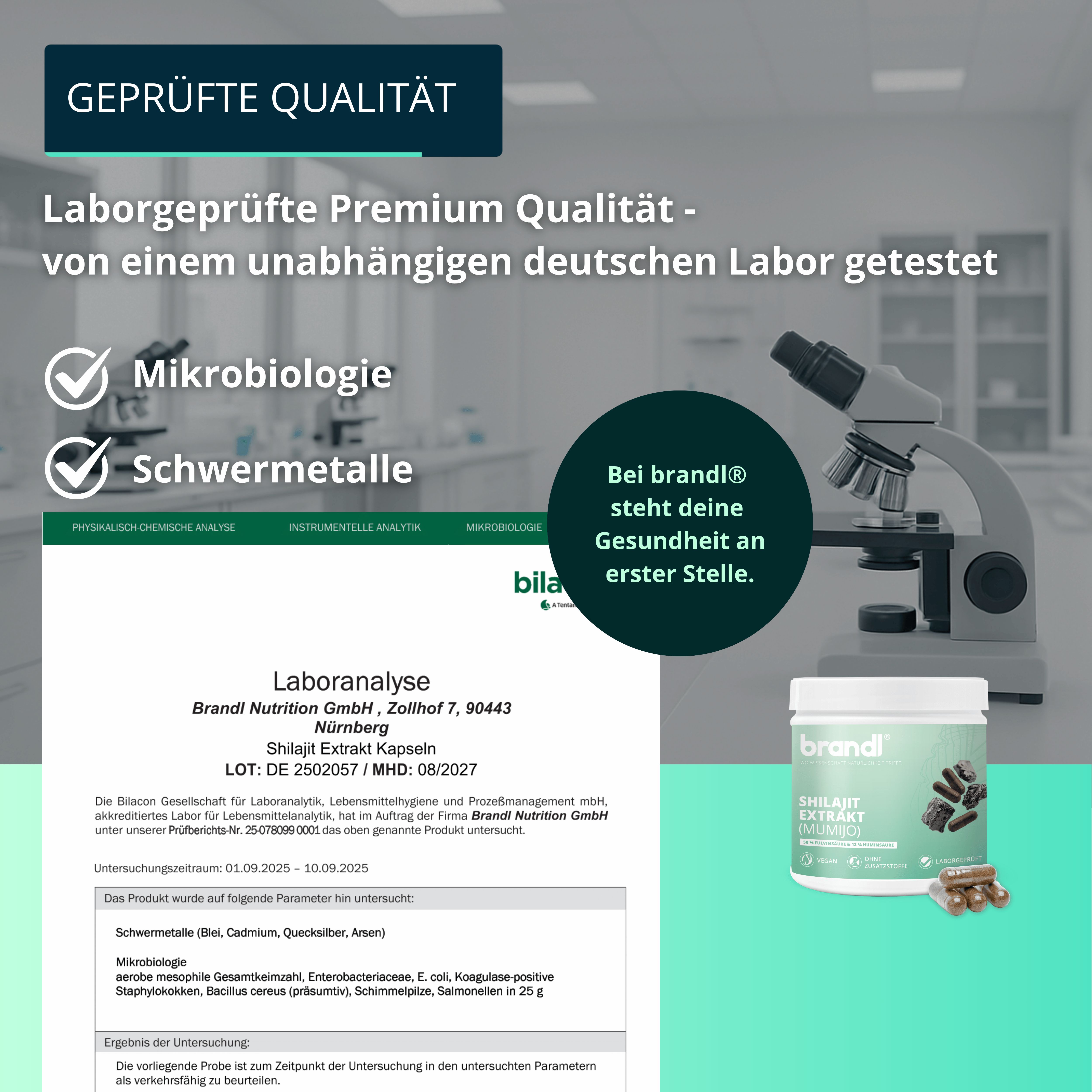 Mikroskop und Laboranalyse. Text: Laborgeprüfte Premium Qualität. Analyse zeigt: Mikrobiologie, Schwermetalle. Dose mit Kapseln.