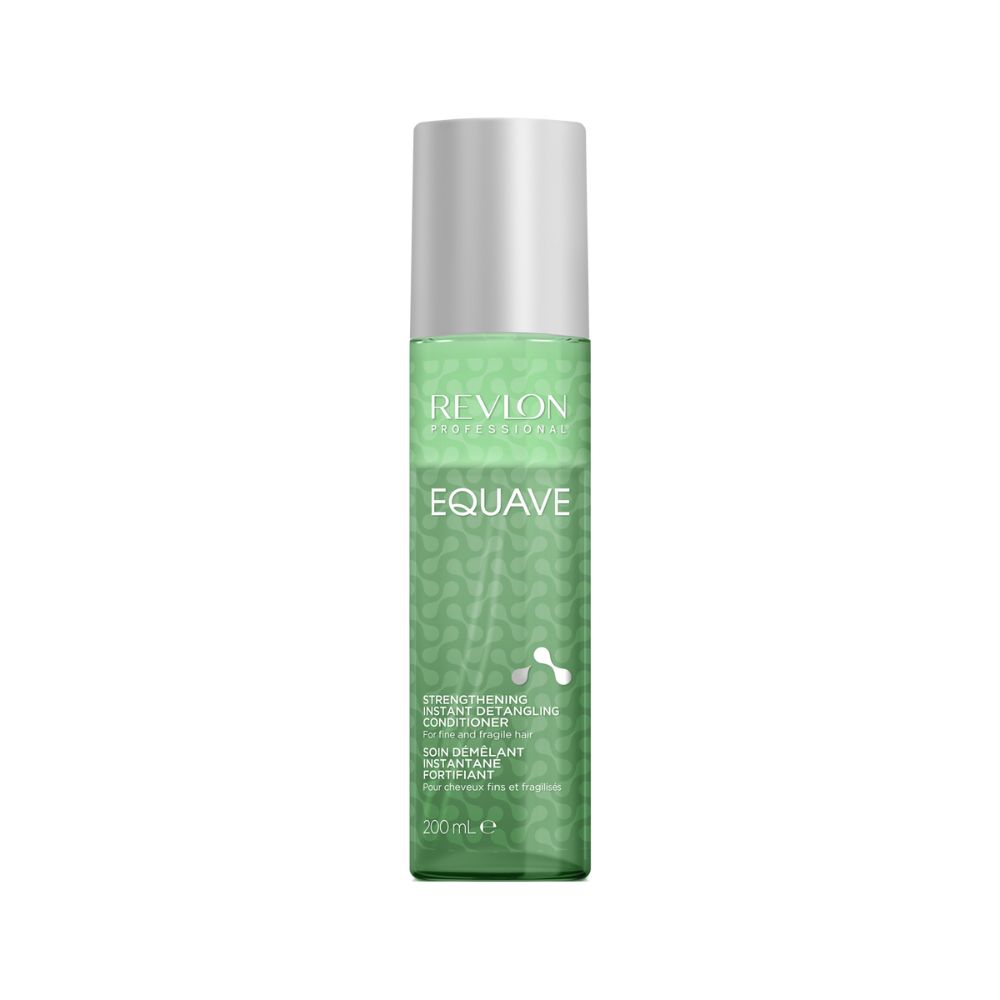 Grüne Flasche mit silbernem Deckel. Aufschrift: Revlon Professional, EQUAVE. Text: Strengthening Instant Detangling Conditioner. 200ml.
