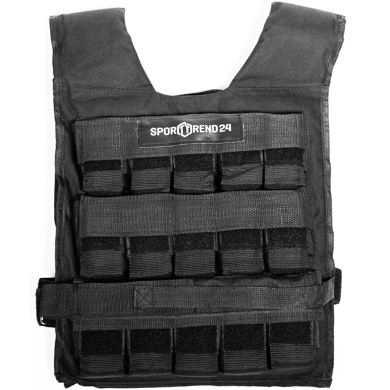 Schwarze Gewichtsweste mit dem Logo Sporttrend24. Mehrere Taschen für Gewichte, verstellbare Gurte.