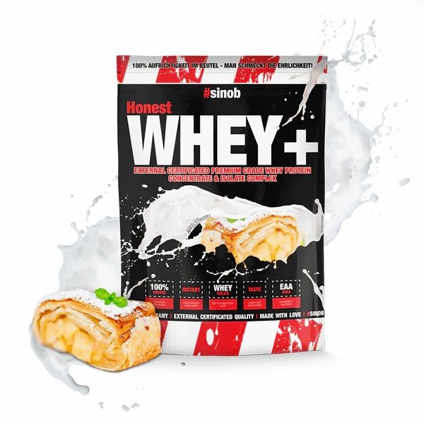 Sinob Honest Whey+ Proteinbeutel mit Aufdruck. Weißer Spritzer, Strudel. Text: Honest, Whey+, EAA, Instant, Whey, Taste.
