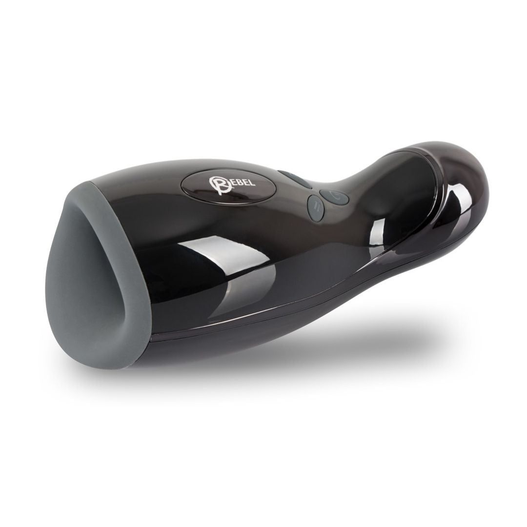 Schwarzes Wellness-Produkt mit grauer Öffnung. Drei Knöpfe und Logo. Glänzende Oberfläche.