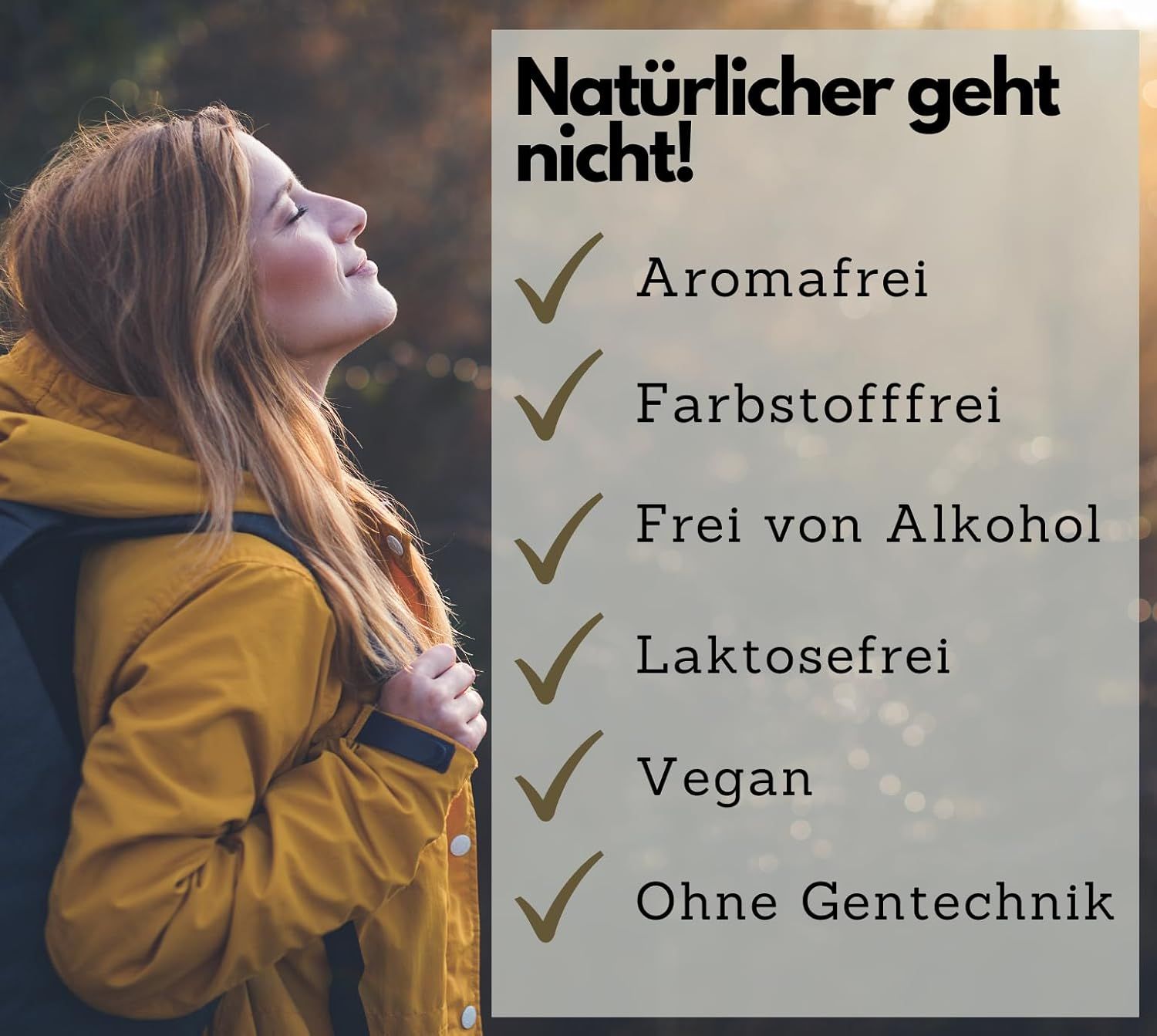 Eine Frau im Freien, lächelnd. Text: Aromafrei, Farbstofffrei, Frei von Alkohol, Laktosefrei, Vegan, Ohne Gentechnik.