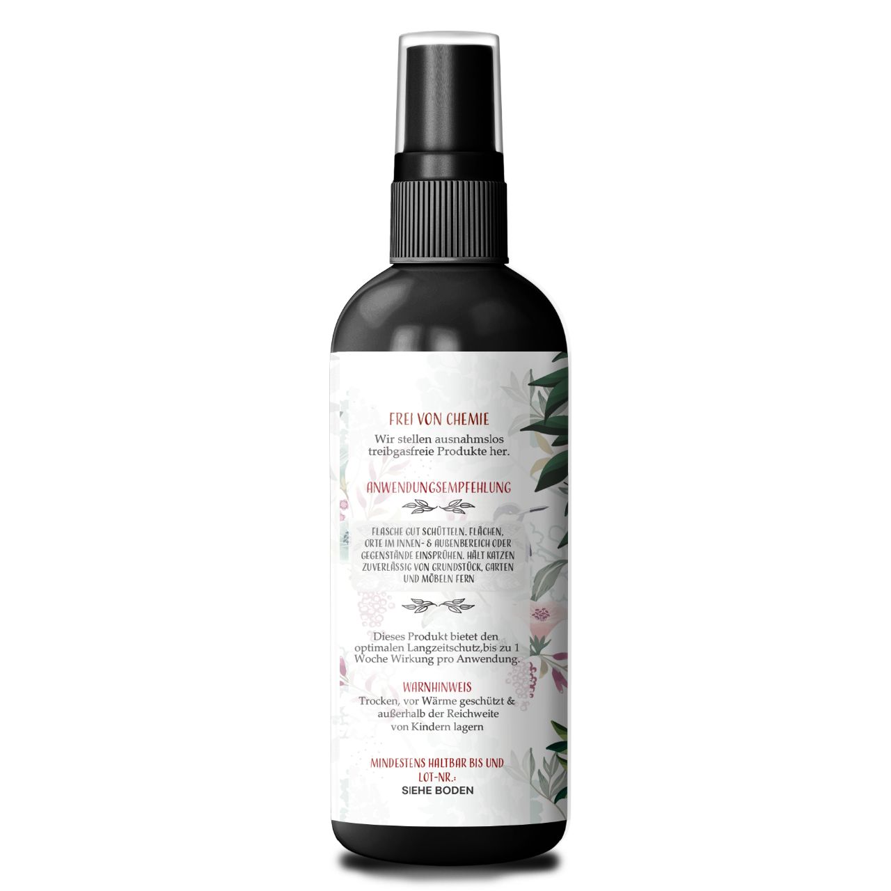 Rückseite einer schwarzen Sprühflasche. Text: FREI VON CHEMIE, Anwendungsempfehlung, Warnhinweis. Floralmuster. Logo: Hund und Katze.