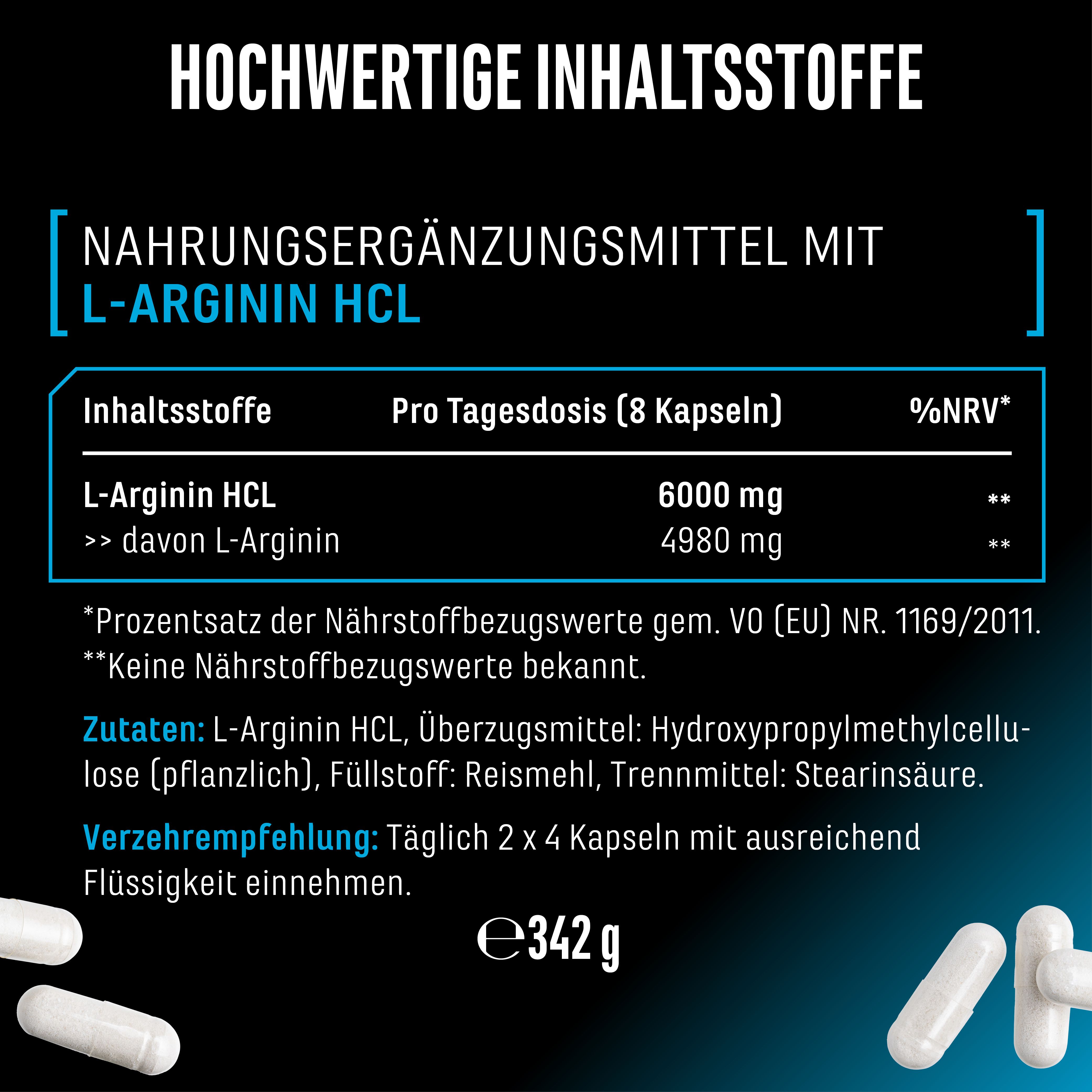 Nahrungsergänzungsmittel mit L-Arginin HCL. Inhaltsstoffe, Tagesdosis (8 Kapseln), %NRV. Zutaten, Verzehrempfehlung.