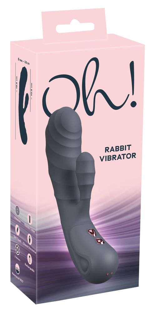 Verpackung für einen Rabbit Vibrator. Produktname und Funktionen sind auf der Verpackung angegeben. Abmessungen sind angegeben.