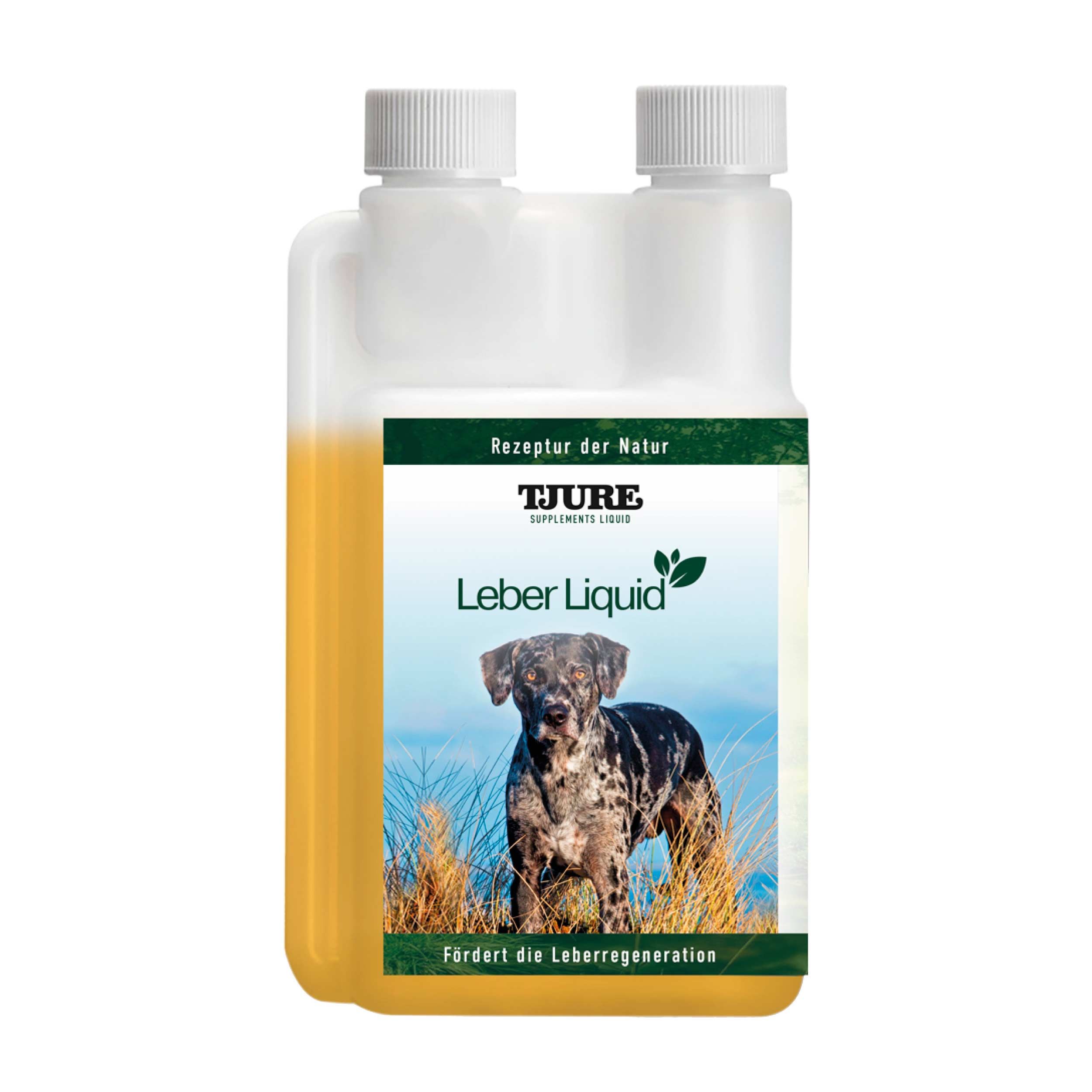 Flasche mit gelber Flüssigkeit. Aufschrift: Tjure Leber Liquid. Abgebildet ist ein Hund.