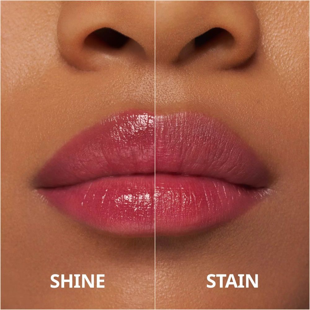 Lippen, links glänzend, rechts matt. Beschriftung 'Shine' und 'Stain'.