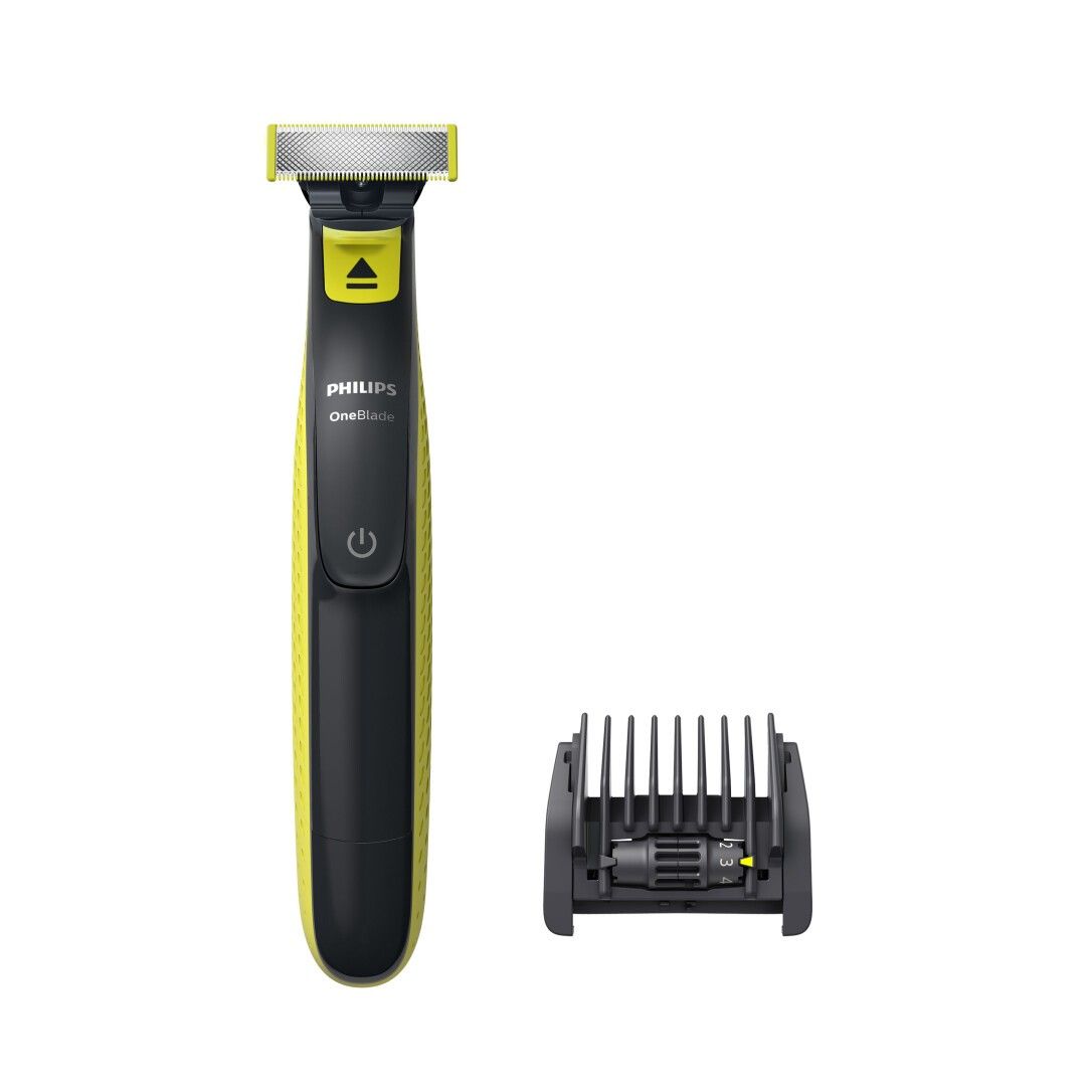 Rasierer mit schwarzem Griff und gelben Akzenten. Enthält einen Aufsatz. Marke: Philips OneBlade.