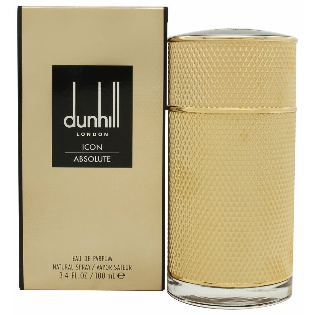 Goldfarbener Flakon und Verpackung. Auf der Verpackung steht "dunhill LONDON ICON ABSOLUTE".
