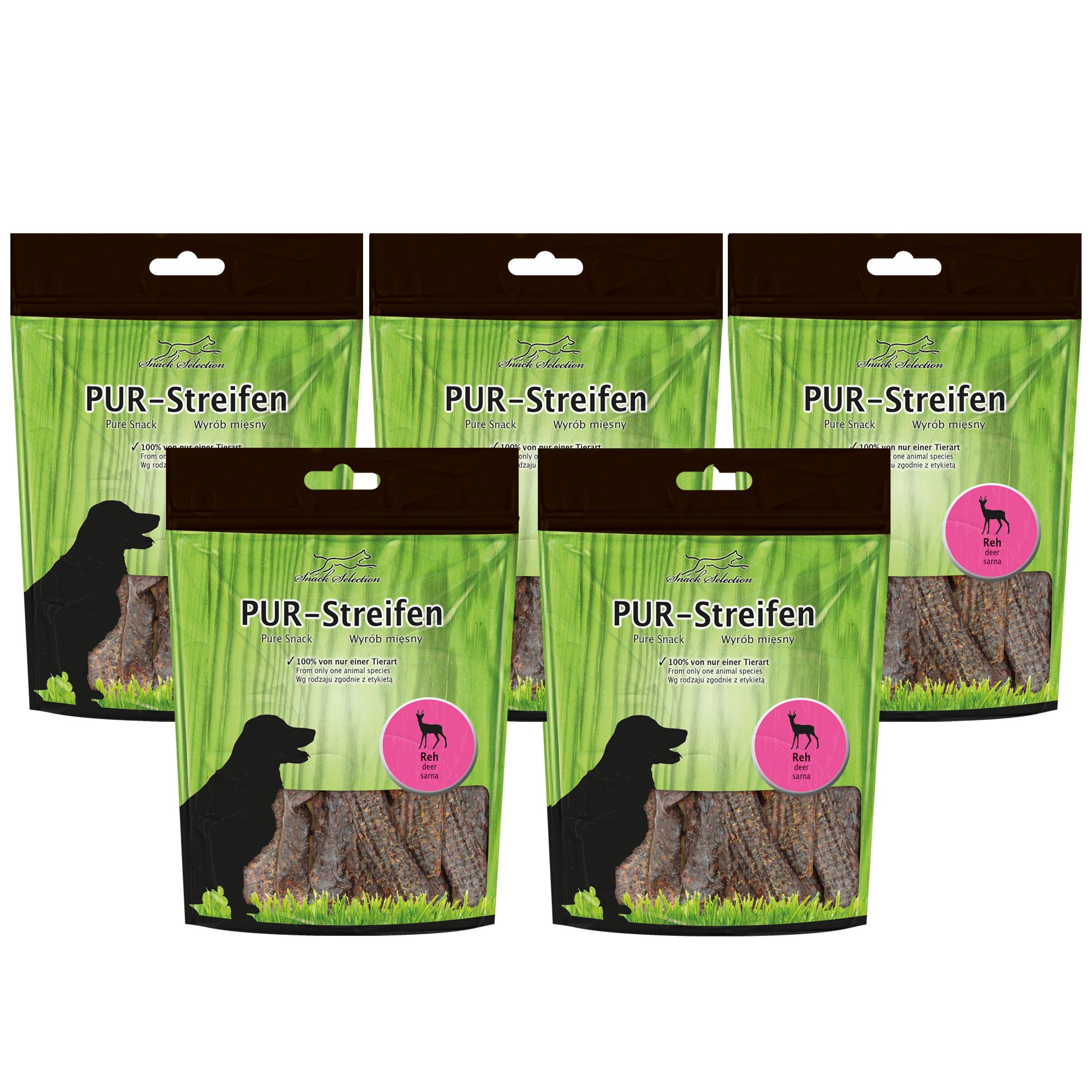 Fünf Beutel Schecker Dörrfleisch - PUR Streifen Reh. Grün-braune Verpackung mit Produktnamen, Hundesilhouette und Reh-Symbol. Sichtbare Streifen.
