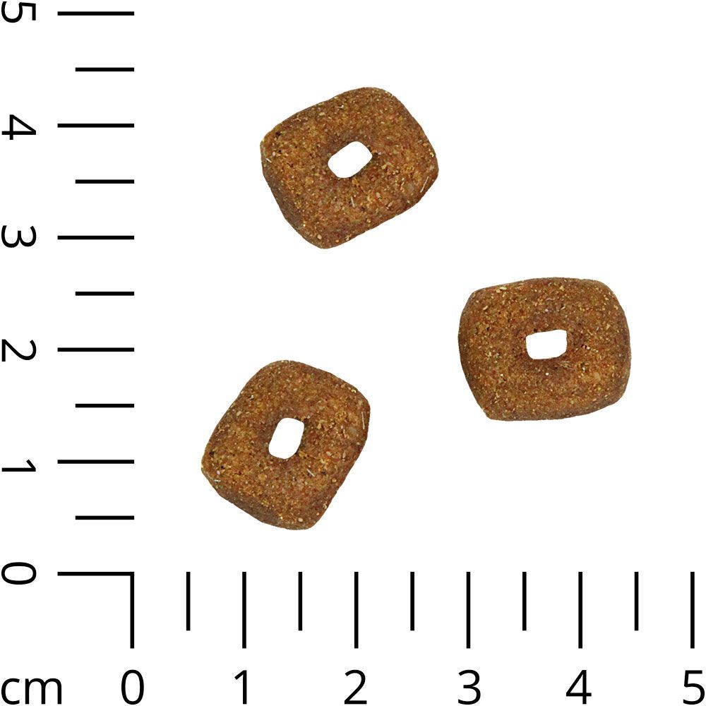 Drei braune, ringförmige Trockenfutter-Stückchen. Auf weißem Hintergrund. Maßstab in cm.
