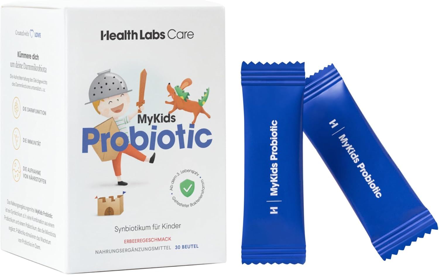 Produktverpackung und zwei blaue Beutel mit Probiotikum. Auf der Verpackung ist ein Kind abgebildet. Text: MyKids Probiotic.