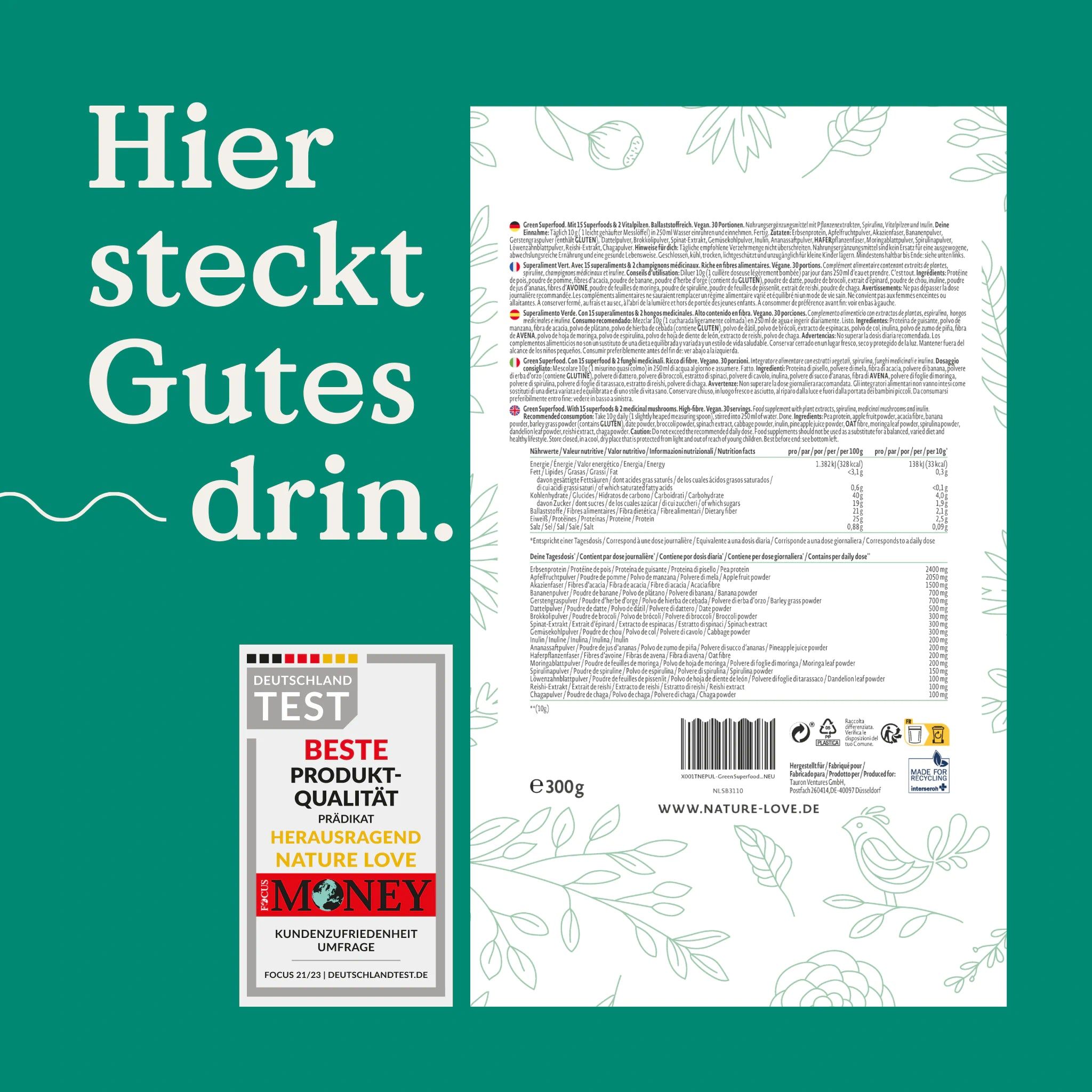 Rückseite der NATURE LOVE® Green Superfood Verpackung. Text: Nährwertangaben, Zutatenliste. Siegel: Deutschland Test, Beste Produkt-Qualität.