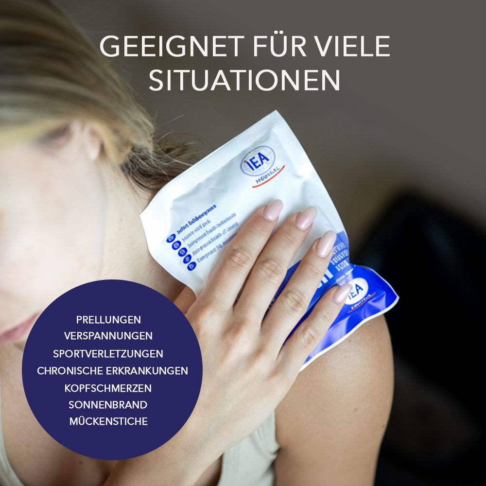 IEA Medical Sofort-Kälte-Kompressen. Verpackung mit blauer Beschriftung. DVU-Logo.