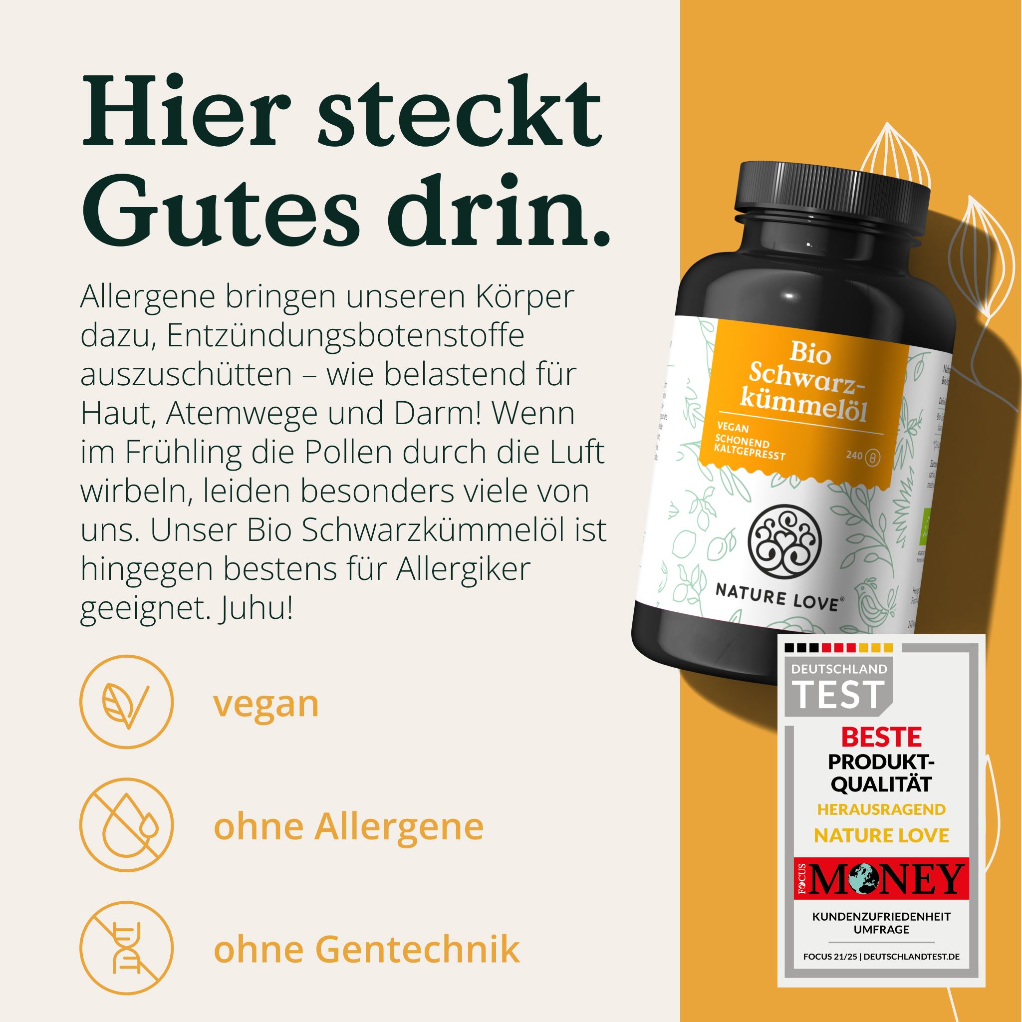 Schwarze Kapsel-Dose mit gelbem Etikett. Aufschrift: Bio Schwarzkümmelöl. Text: vegan, ohne Allergene, ohne Gentechnik. Auszeichnung.