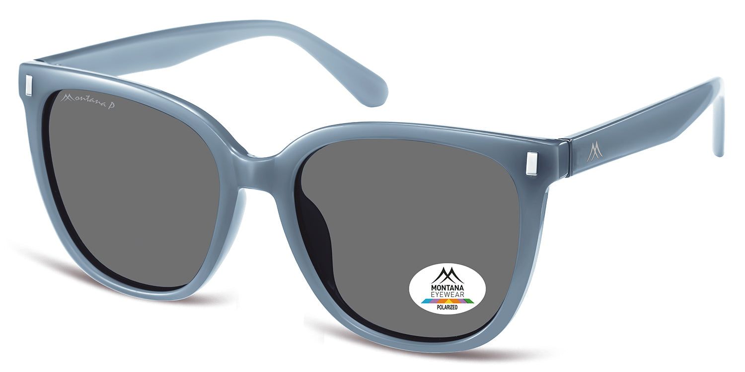 Blaue Sonnenbrille, seitliche Ansicht. Montana Eyewear Logo auf dem Bügel und Glas. Polarisiert-Aufkleber.