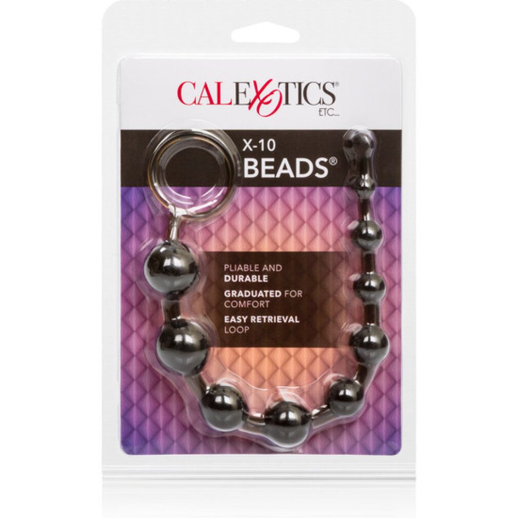 Produktverpackung mit Kugelkette. Text: X-10 Beads, Calexotics. Transparente Verpackung.