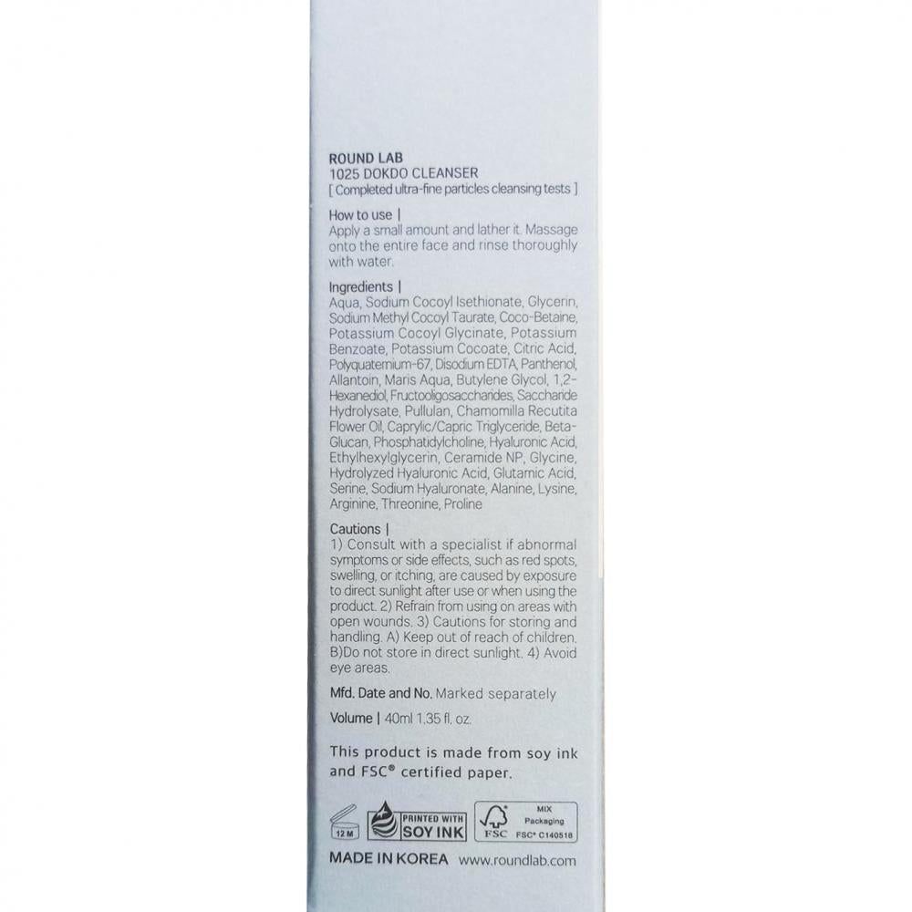 Rückseite der Round Lab 1025 Dokdo Cleanser Box mit Inhaltsstoffen.