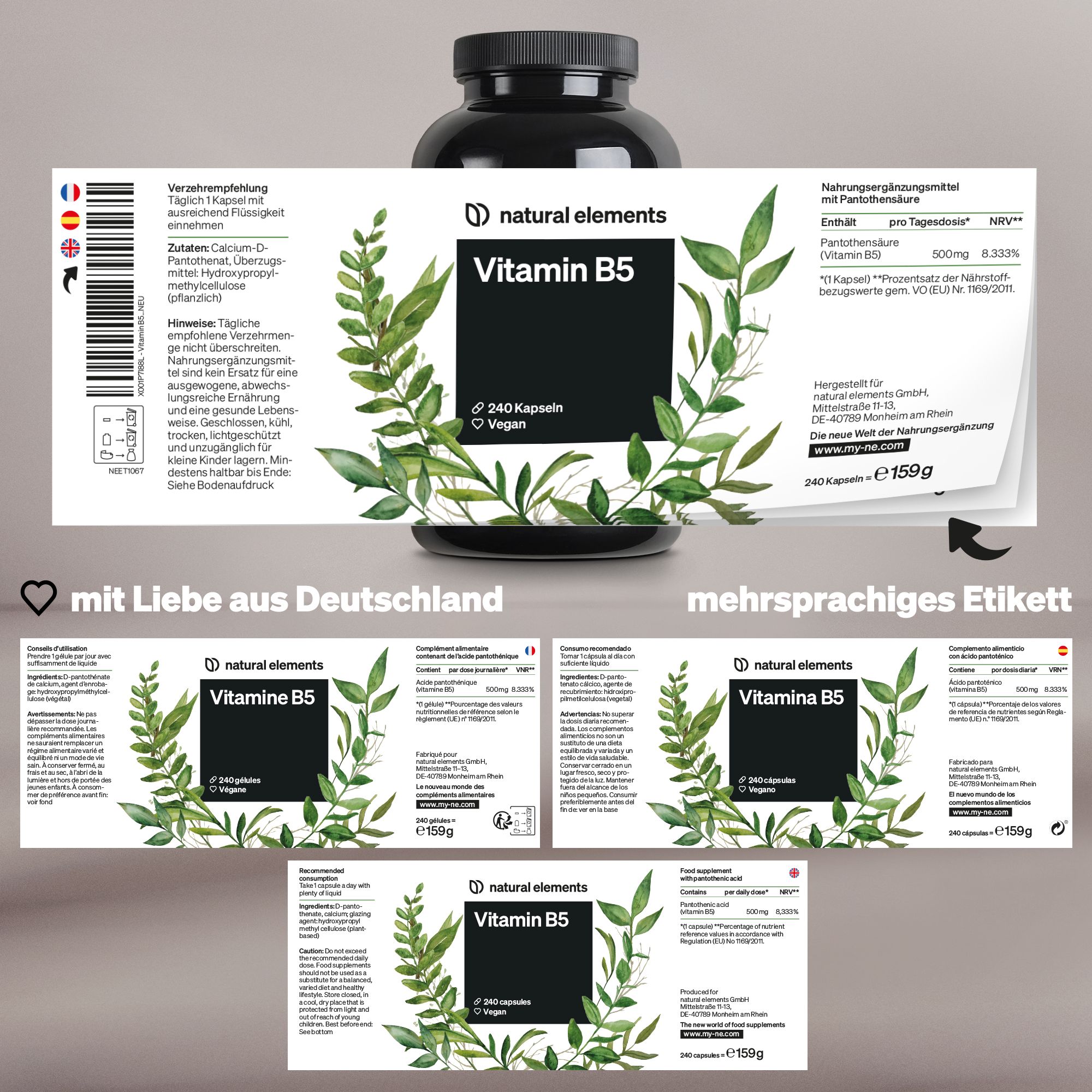 natural elements Vitamin B5 – 240 Kapseln - hochdosierte 500 mg Pantothensäure