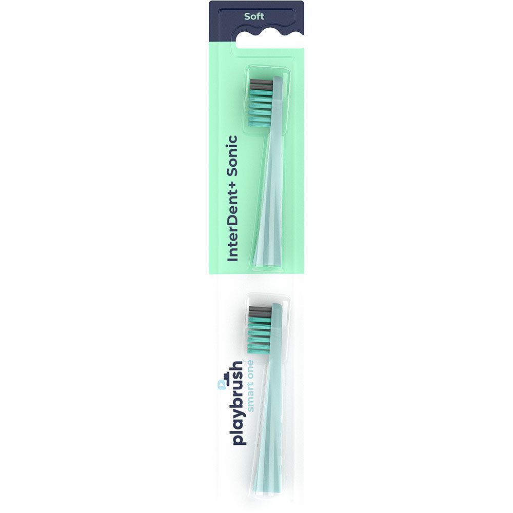 Zwei mintfarbene Ersatzbürstenköpfe. Oben: "Soft" und "InterDent+ Sonic". Unten: "playbrush smart one".