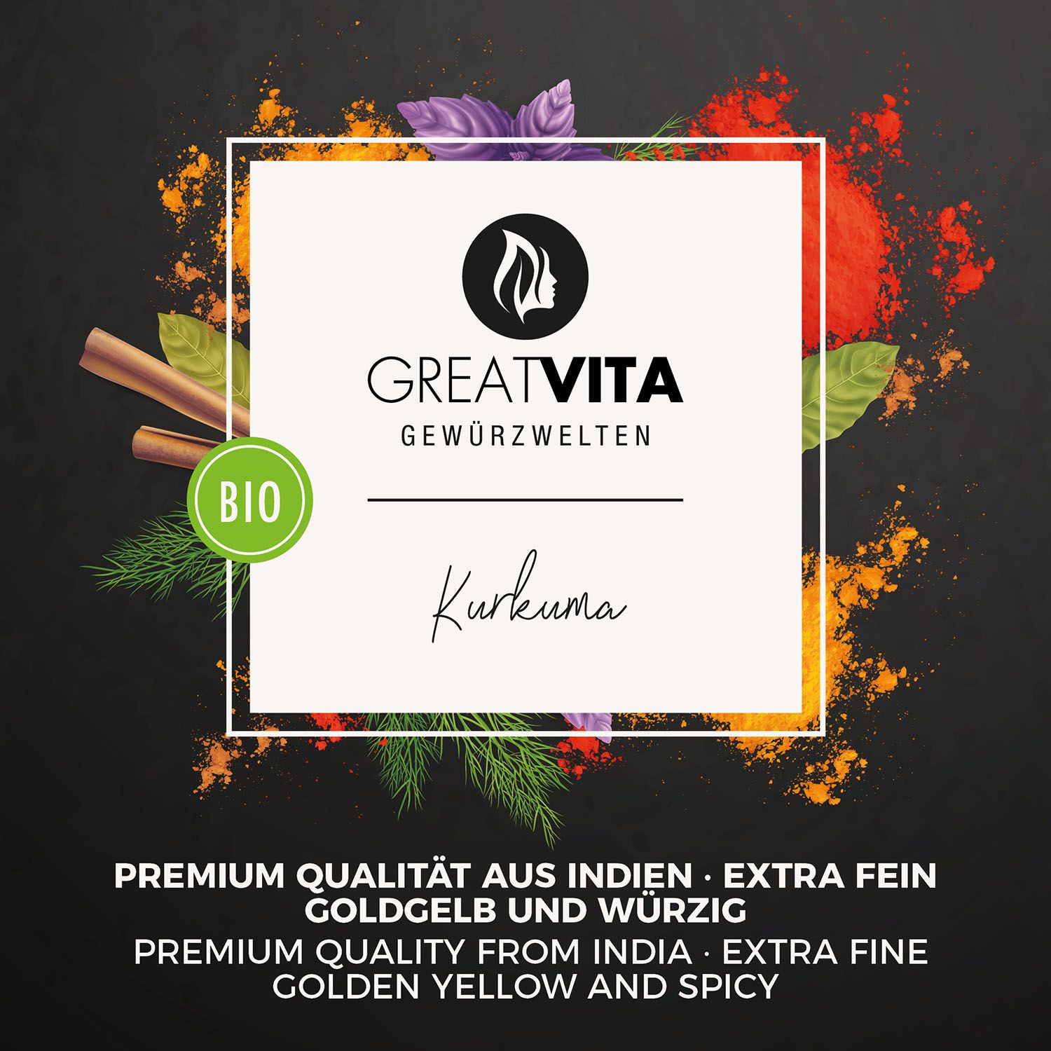 Aufdruck auf schwarzem Hintergrund. Aufschrift: GREATVITA, Kurkuma, BIO. Text: Premium Qualität aus Indien.