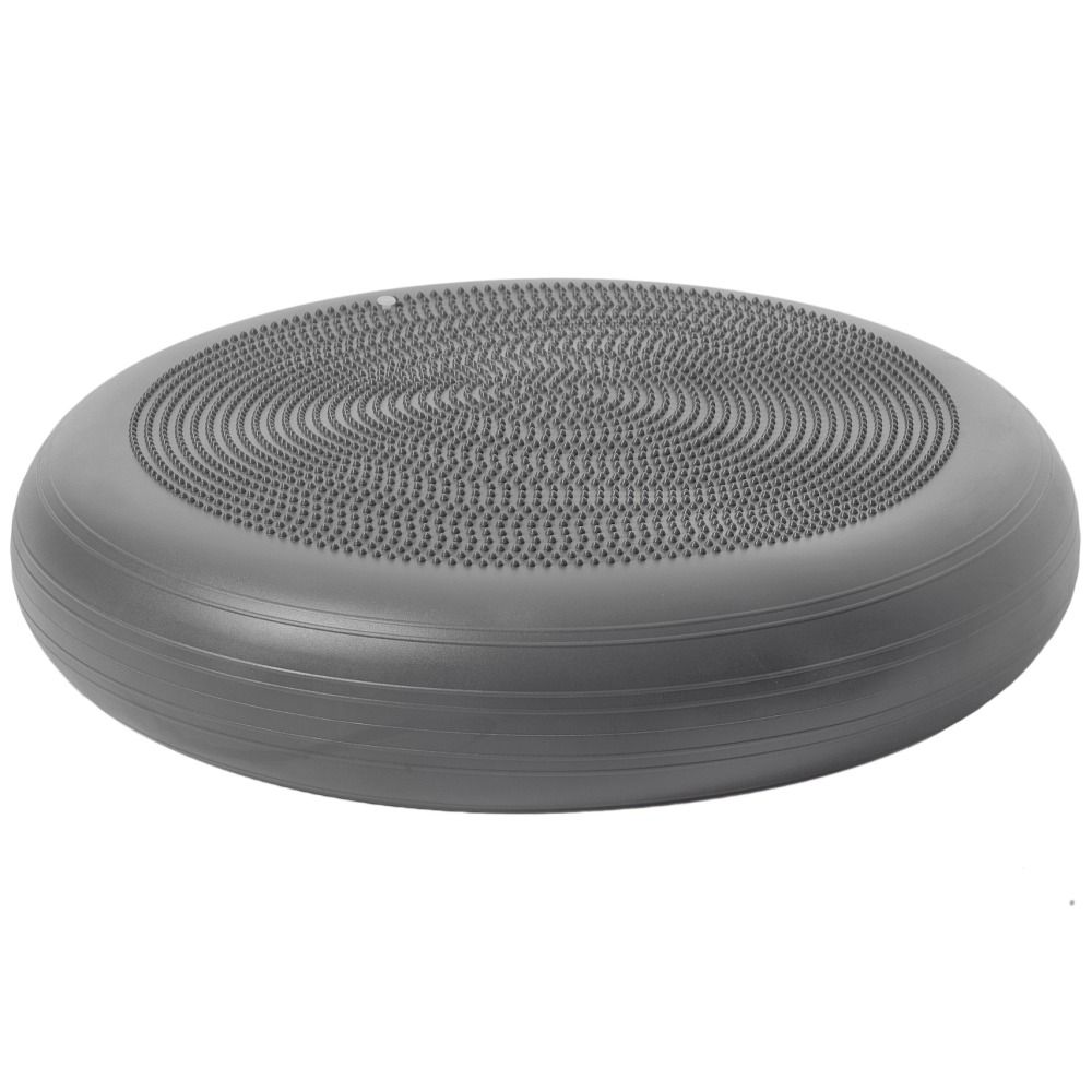 Graues, rundes Ballkissen. Oberseite mit Noppenmuster und Logo. Seitliche Rillen.