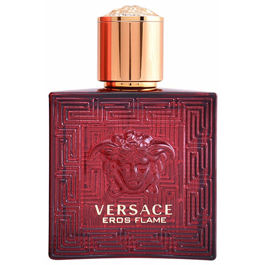 Versace Eros Flame Eau de Parfum Flakon mit Medusa-Kopf und goldenem Verschluss.