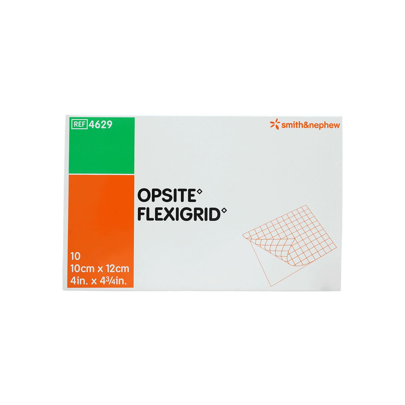 Verpackung mit OPSITE FLEXIGRID Wundverband. Grün-orangefarbene Ecke mit REF-Nummer und Größenangabe. Smith & Nephew Logo.